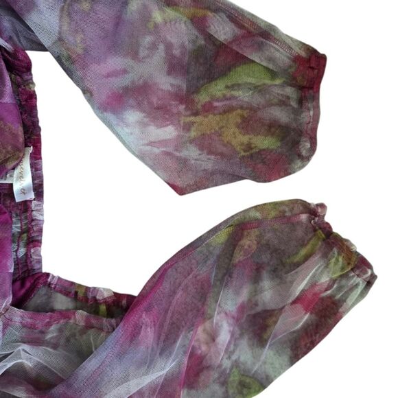 Pink Floral Ruched Crop Blouse W 3/4 Sleeves - M - Picture 7 of 10